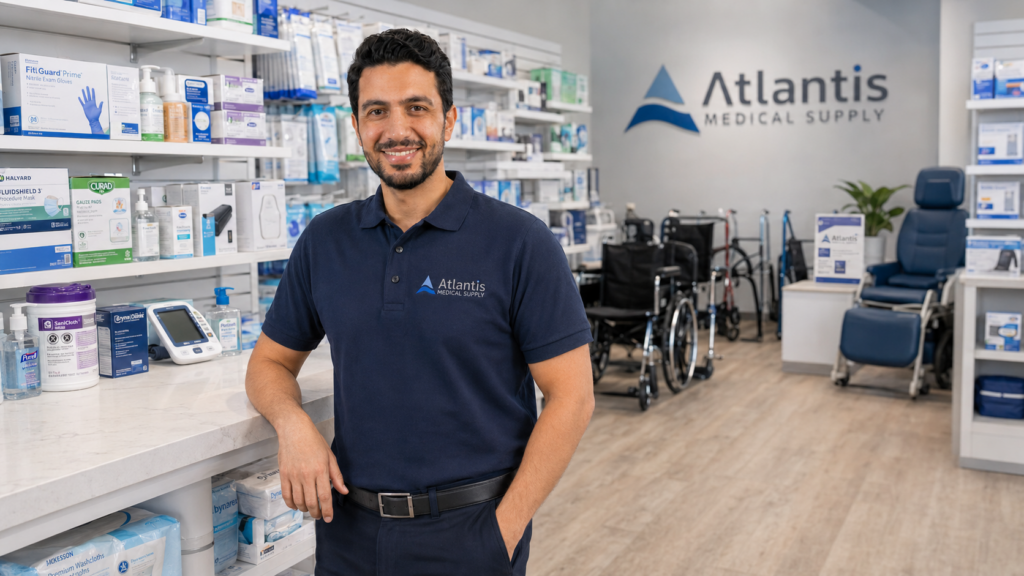 Atlantis Medical Supplies staff member standing in a medical equipment showroom